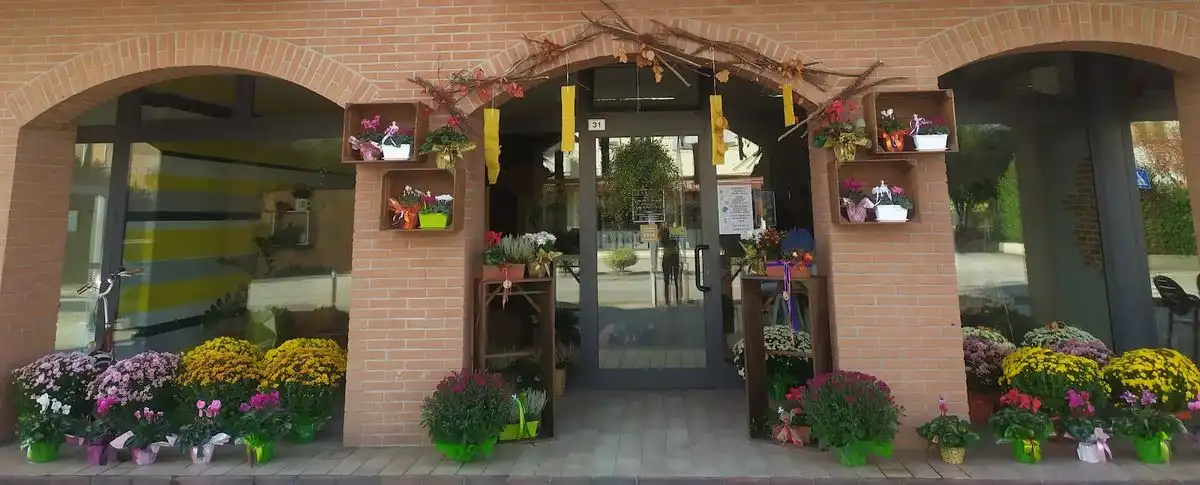 La facciata del negozio: muro di mattoni, archi, cassette di legno con i fiori e piante davanti alla porta
