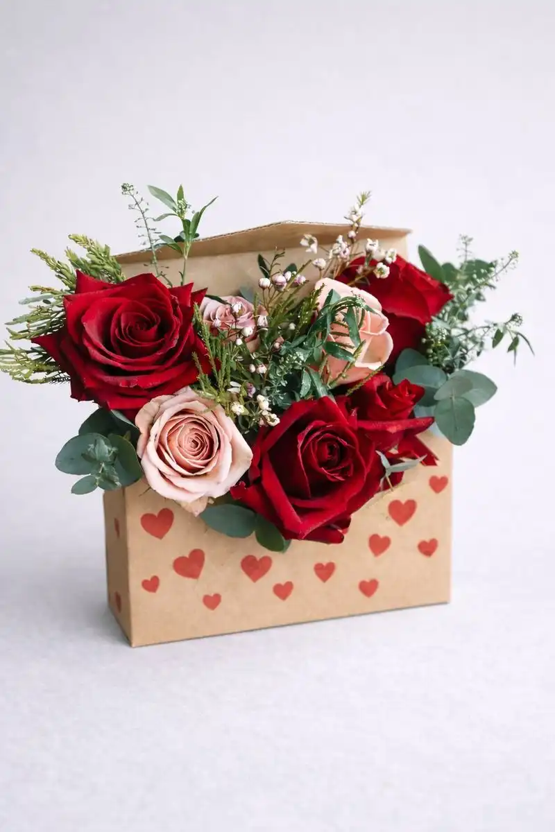 Scatola con i cuori piena di rose rosse e rosa