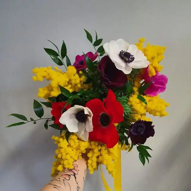 Mazzo di anemoni rossi e bianchi con mimosa