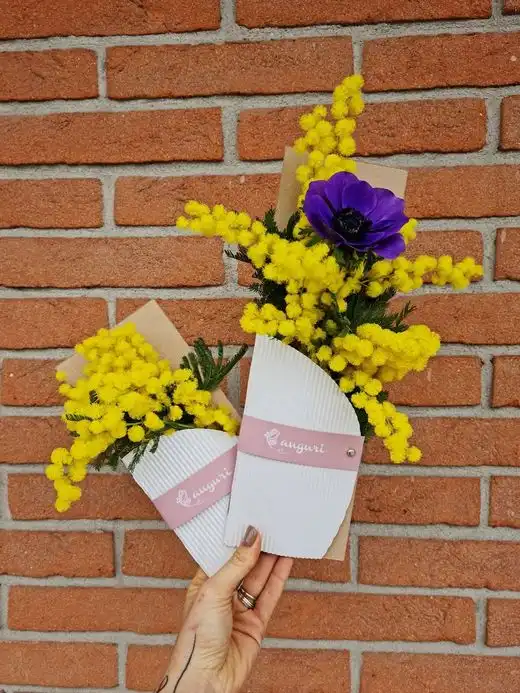 Due coni di carta con mimosa e un anemone viola davanti al muro di mattoni